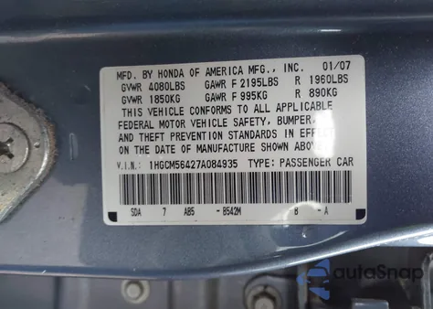 2007 Honda Accord 2.4 Lx из США, поврежденный, VIN 1HGCM56427A084935